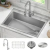33" Drop-In/Top Mount Kitchen Sink w/ Bolden Commercial Pull-Down Faucet in Spot Free Stainless Steel/Chrome