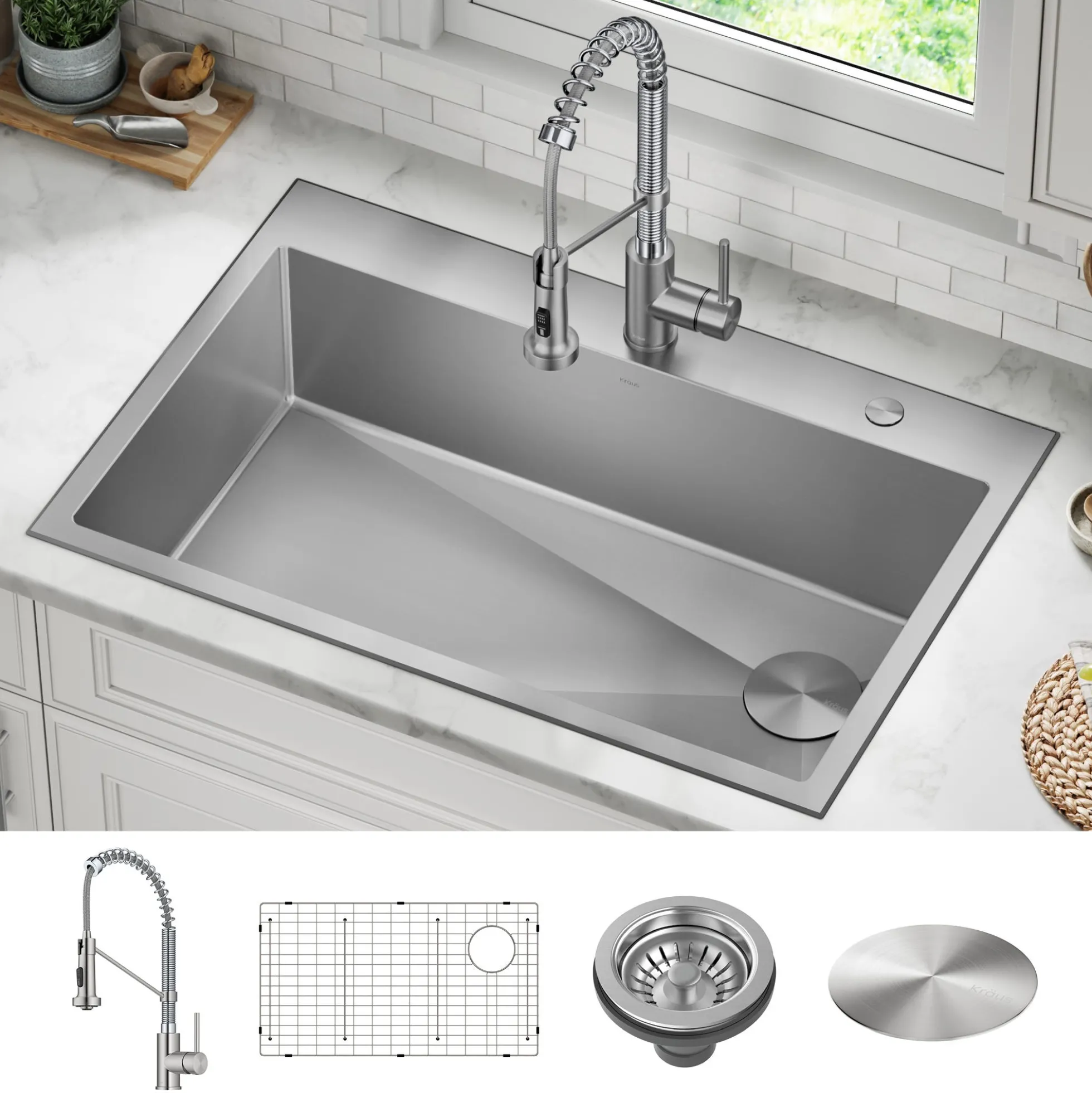 33" Drop-In/Top Mount Kitchen Sink w/ Bolden Commercial Pull-Down Faucet in Spot Free Stainless Steel/Chrome