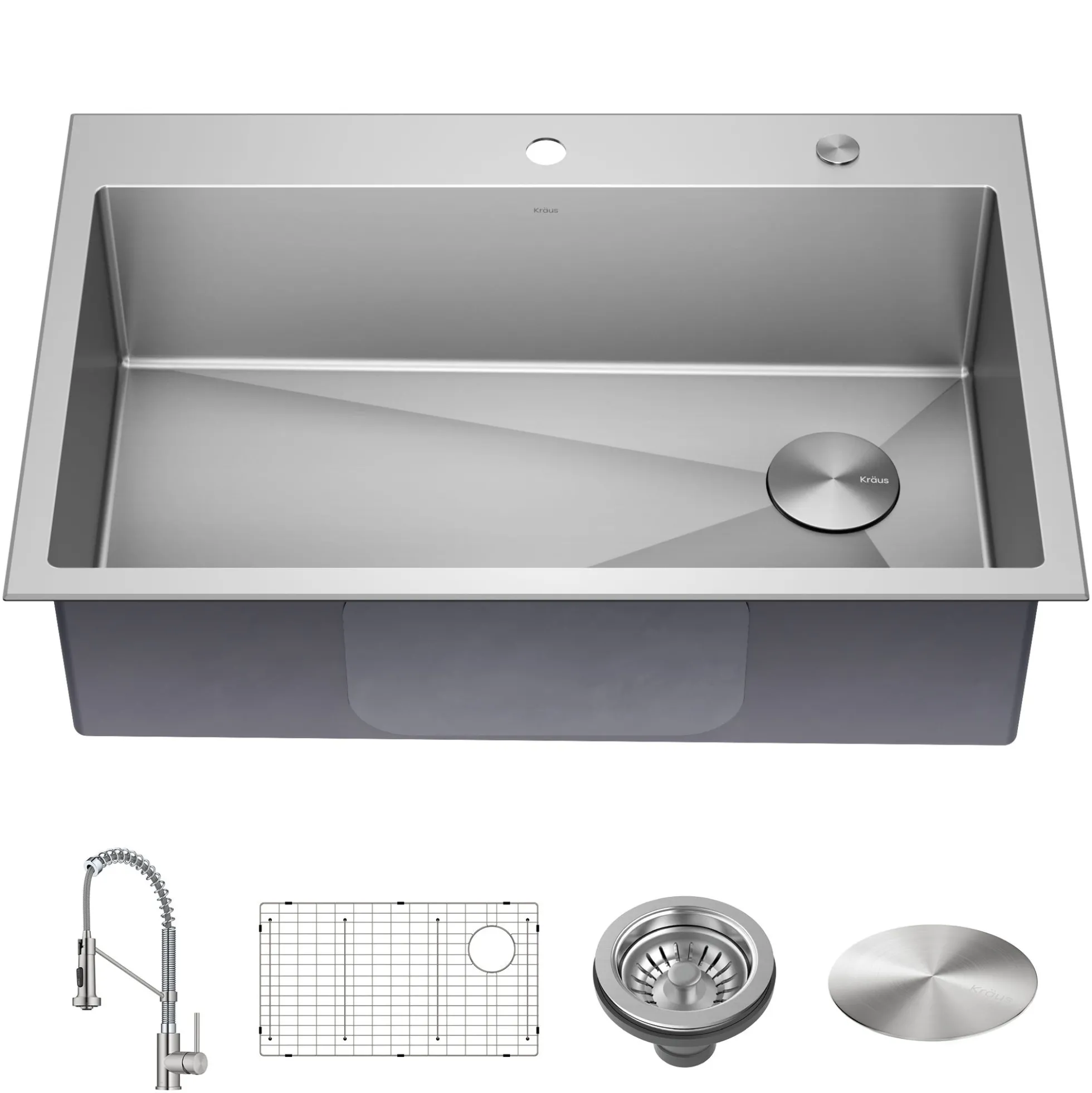 33" Drop-In/Top Mount Kitchen Sink w/ Bolden Commercial Pull-Down Faucet in Spot Free Stainless Steel/Chrome