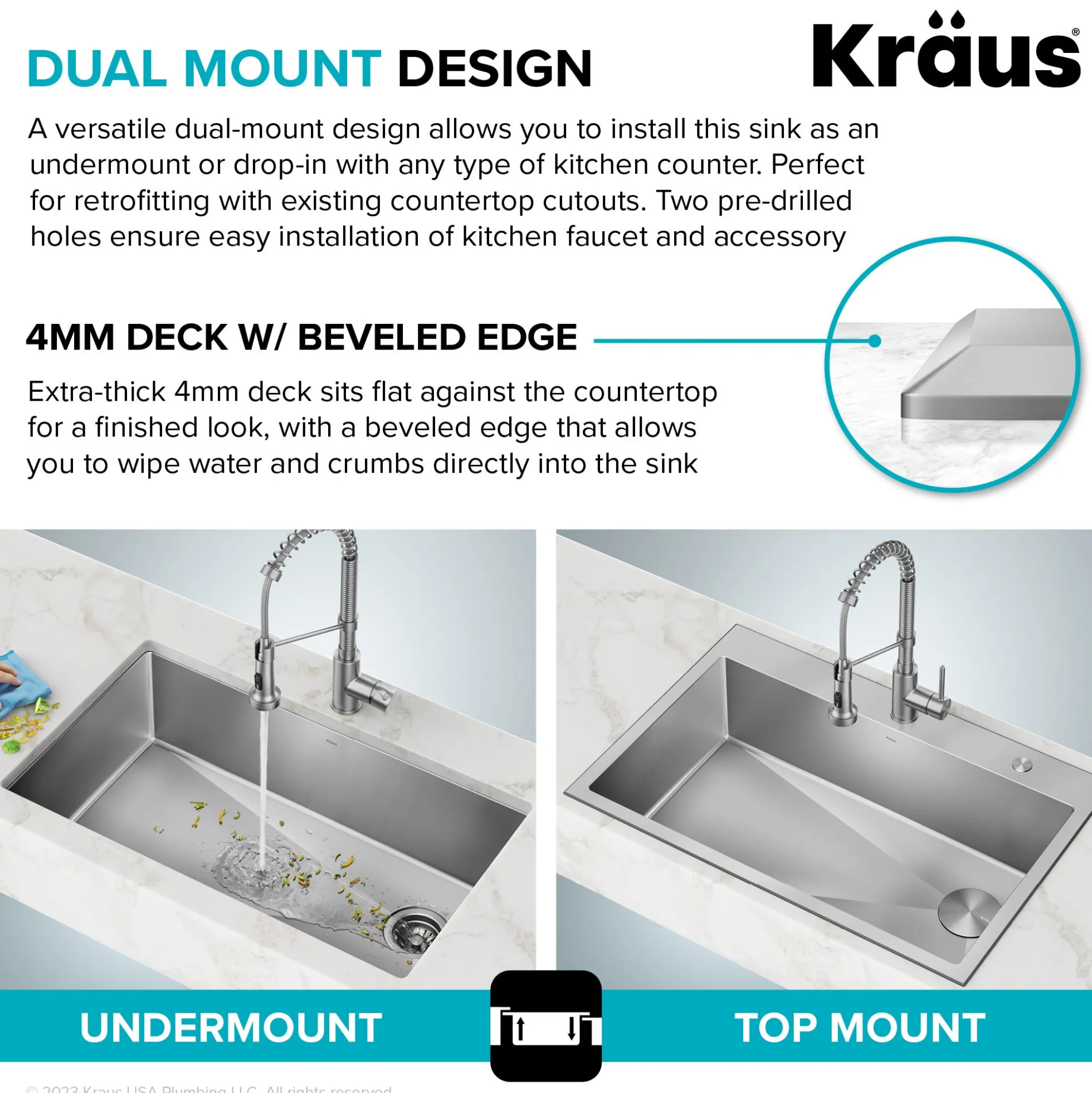 33" Drop-In/Top Mount Kitchen Sink w/ Bolden Commercial Pull-Down Faucet in Spot Free Stainless Steel/Chrome