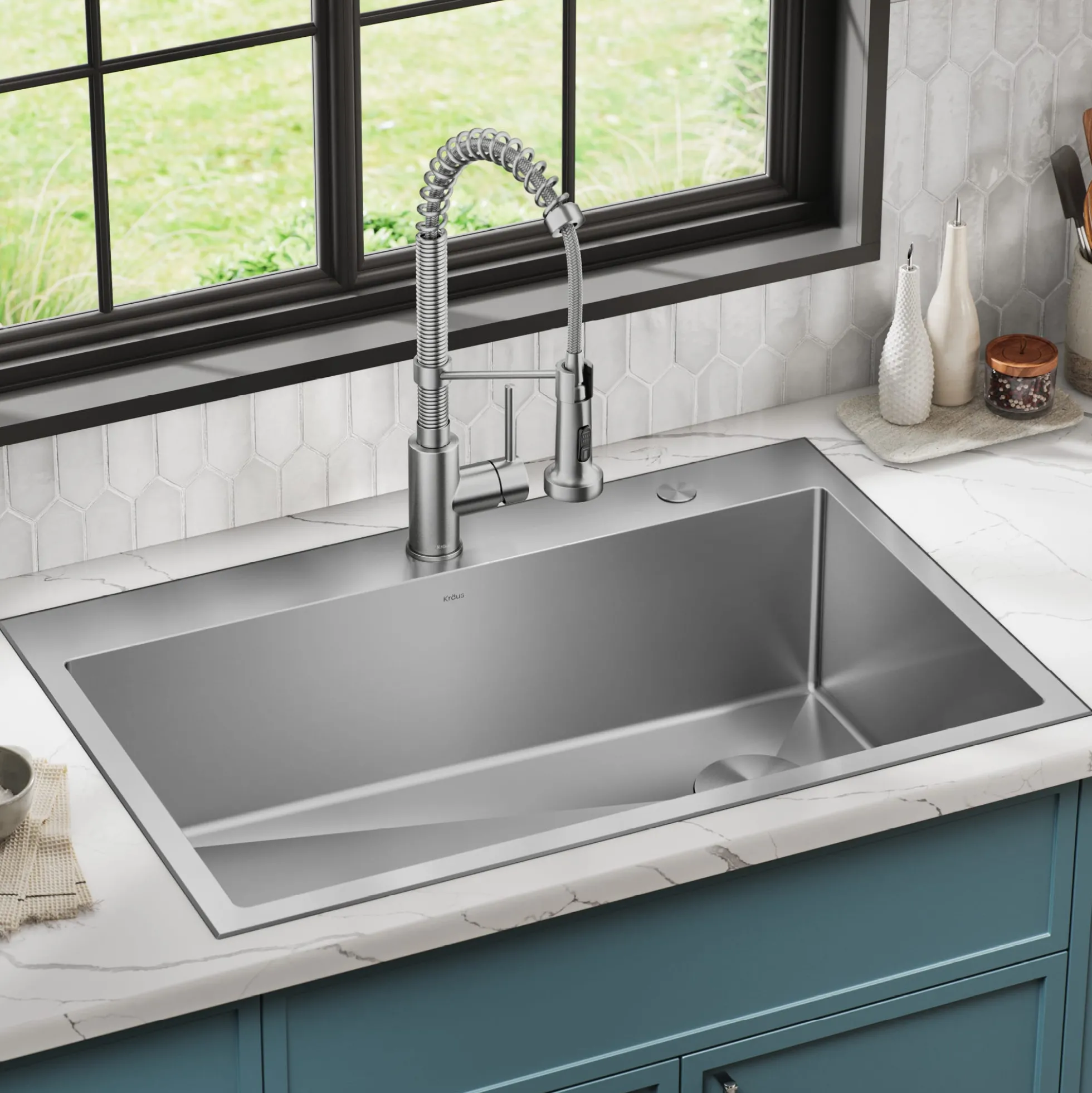 33" Drop-In/Top Mount Kitchen Sink w/ Bolden Commercial Pull-Down Faucet in Spot Free Stainless Steel