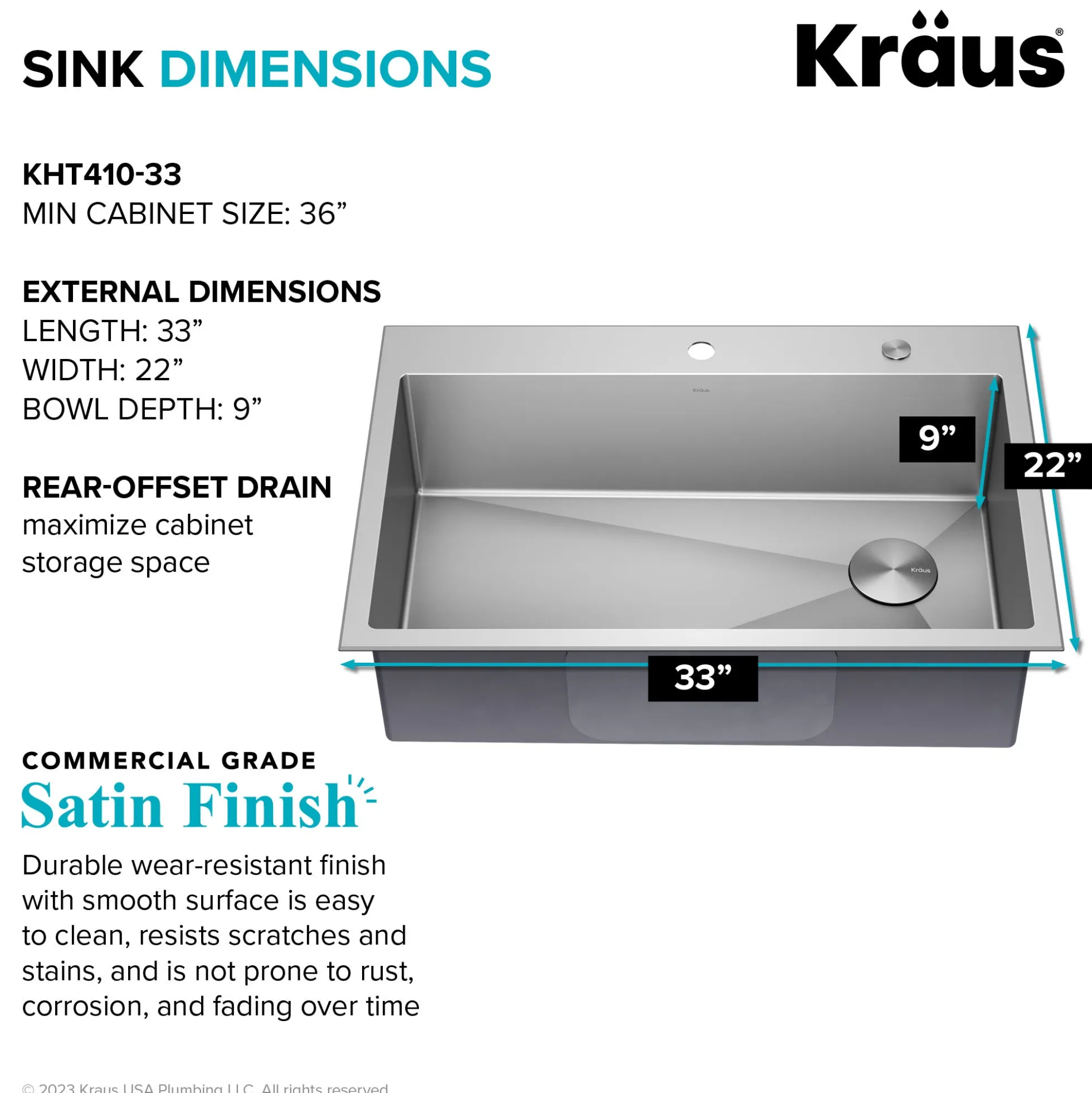 33" Drop-In/Top Mount Kitchen Sink w/ Bolden Commercial Pull-Down Faucet in Spot Free Stainless Steel