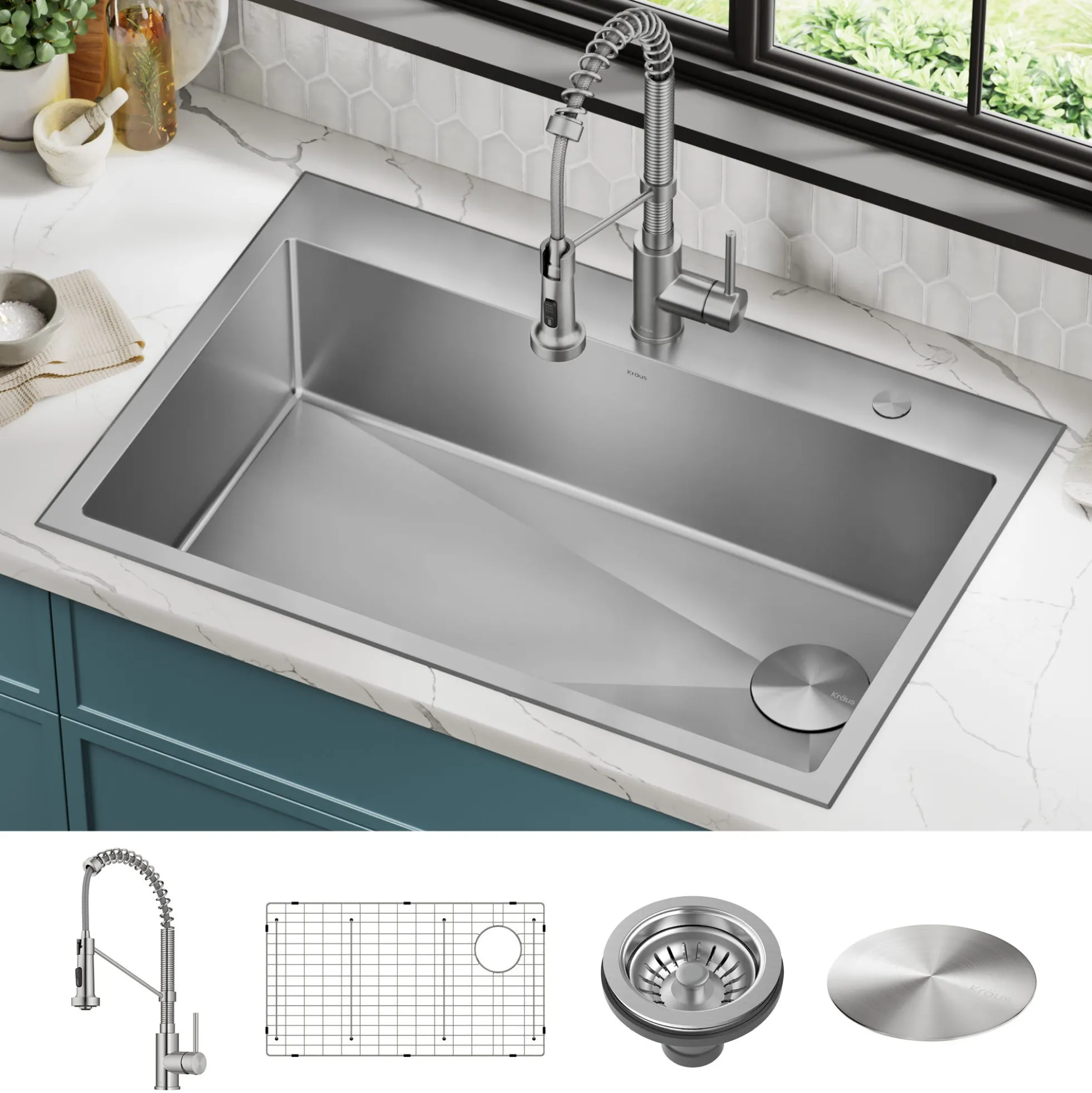 33" Drop-In/Top Mount Kitchen Sink w/ Bolden Commercial Pull-Down Faucet in Spot Free Stainless Steel