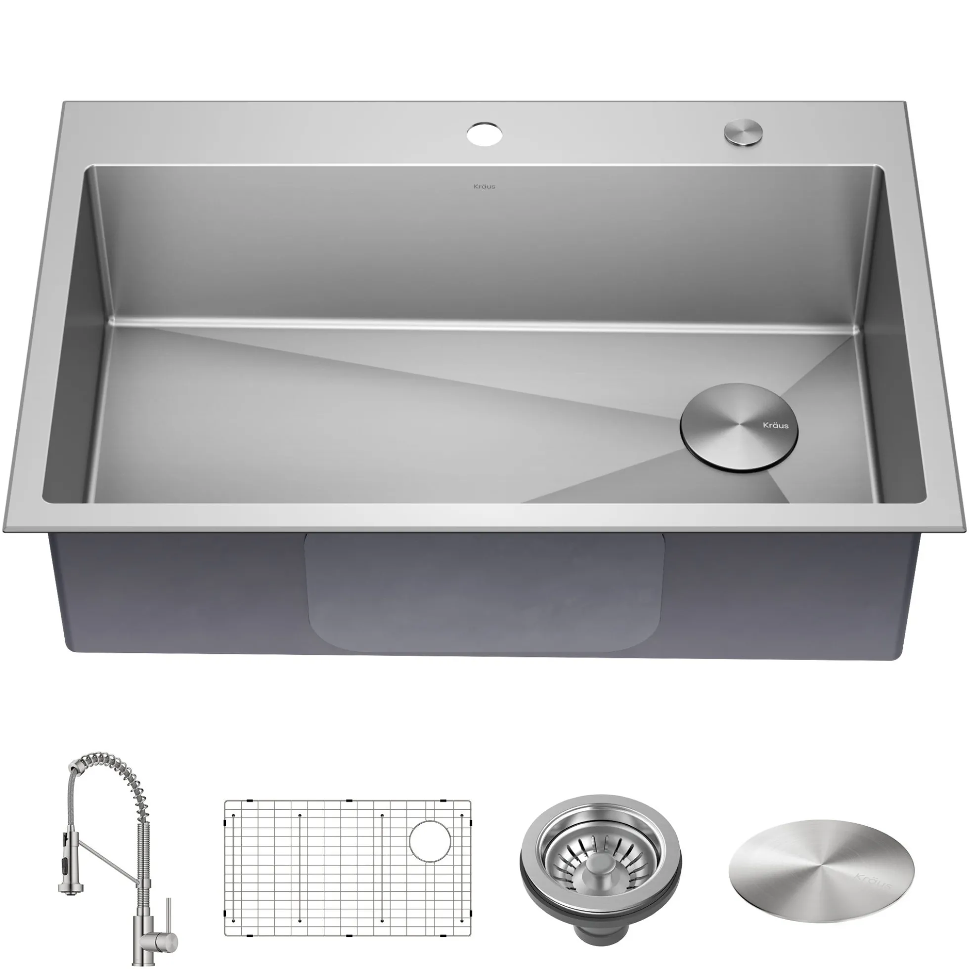 33" Drop-In/Top Mount Kitchen Sink w/ Bolden Commercial Pull-Down Faucet in Spot Free Stainless Steel