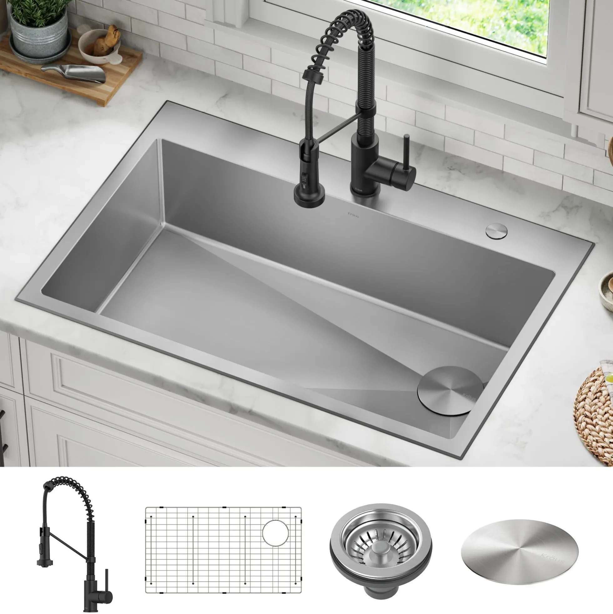 33" Drop-In/Top Mount Kitchen Sink w/ Bolden Commercial Pull-Down Faucet in Matte Black