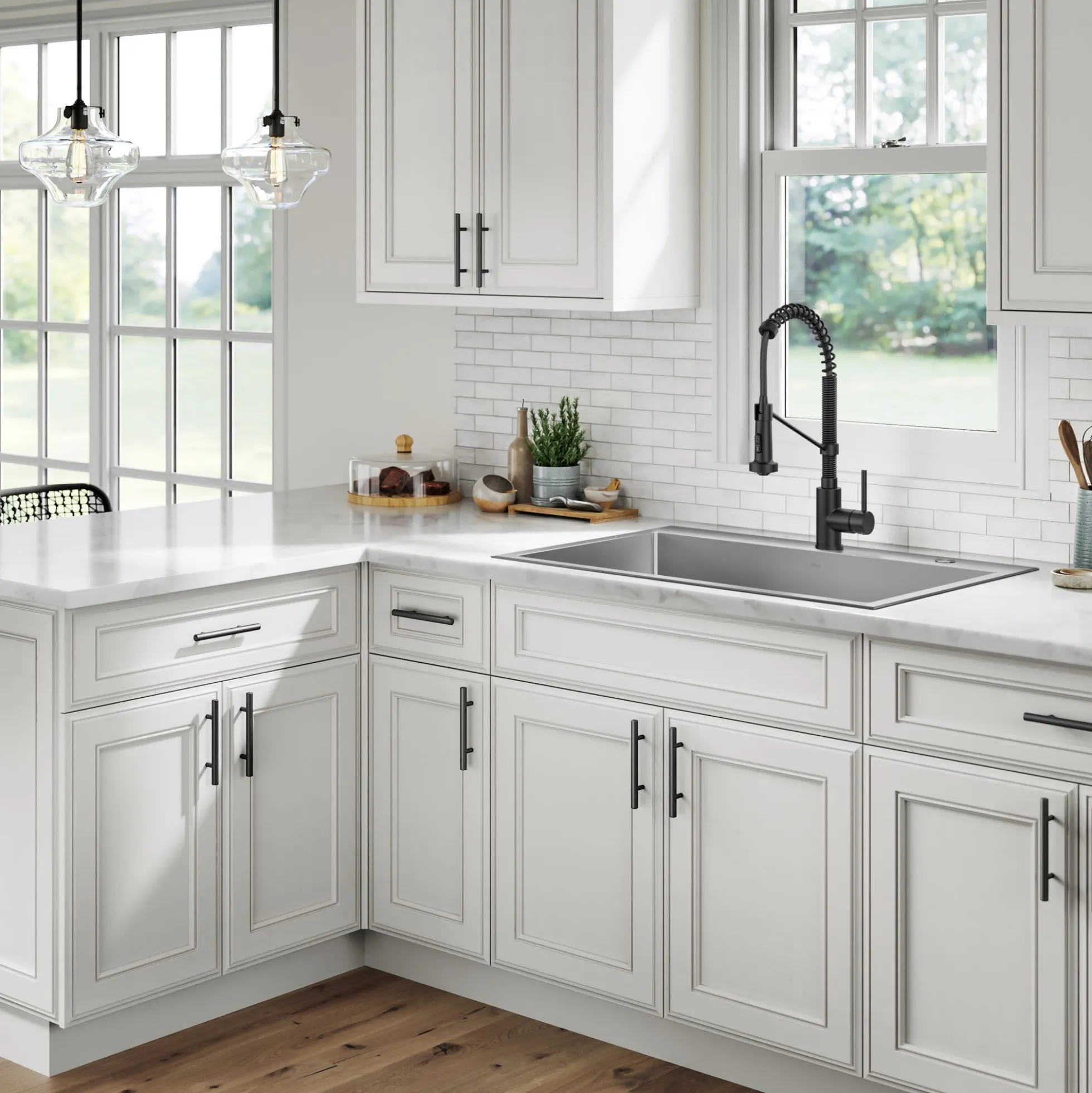 33" Drop-In/Top Mount Kitchen Sink w/ Bolden Commercial Pull-Down Faucet in Matte Black