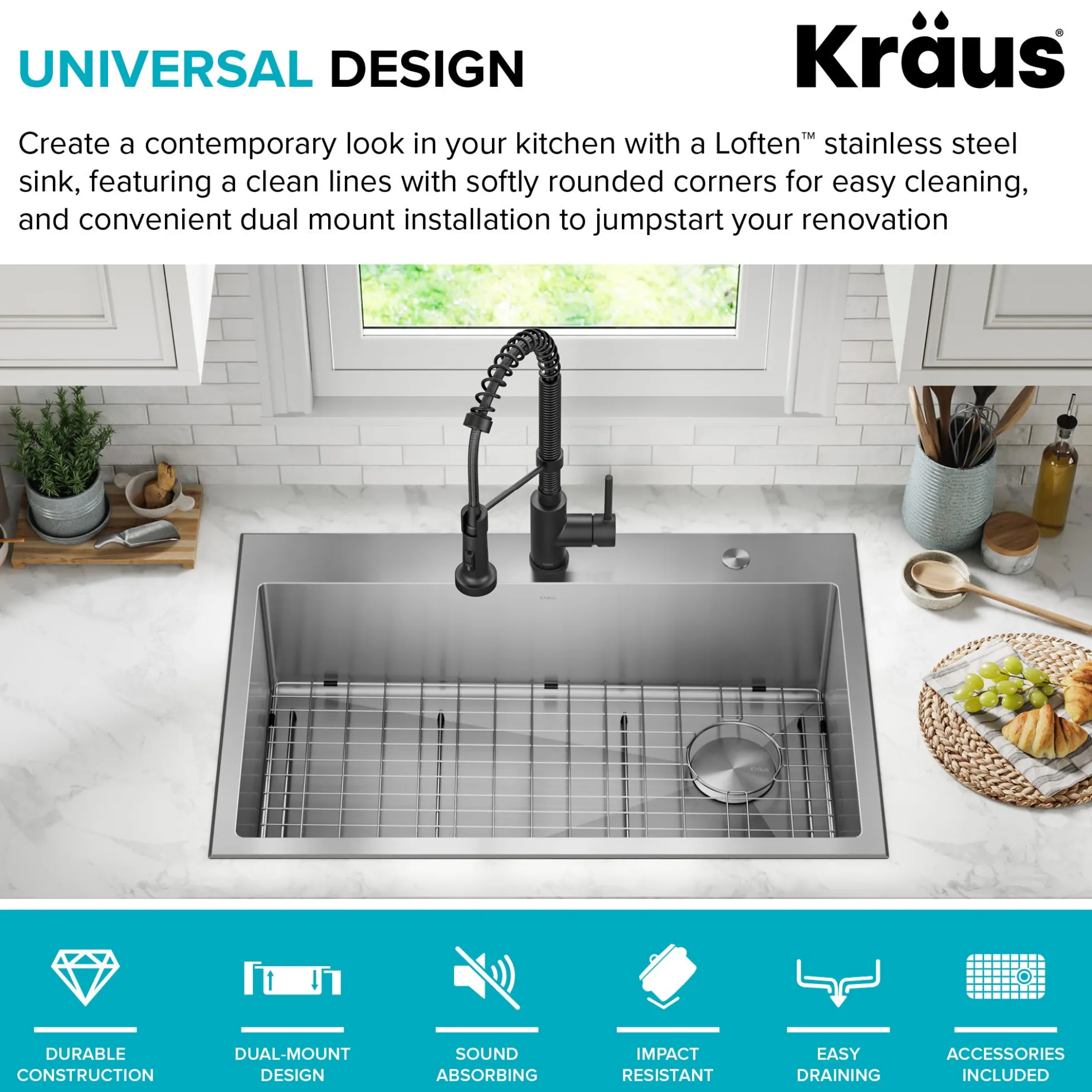 33" Drop-In/Top Mount Kitchen Sink w/ Bolden Commercial Pull-Down Faucet in Matte Black