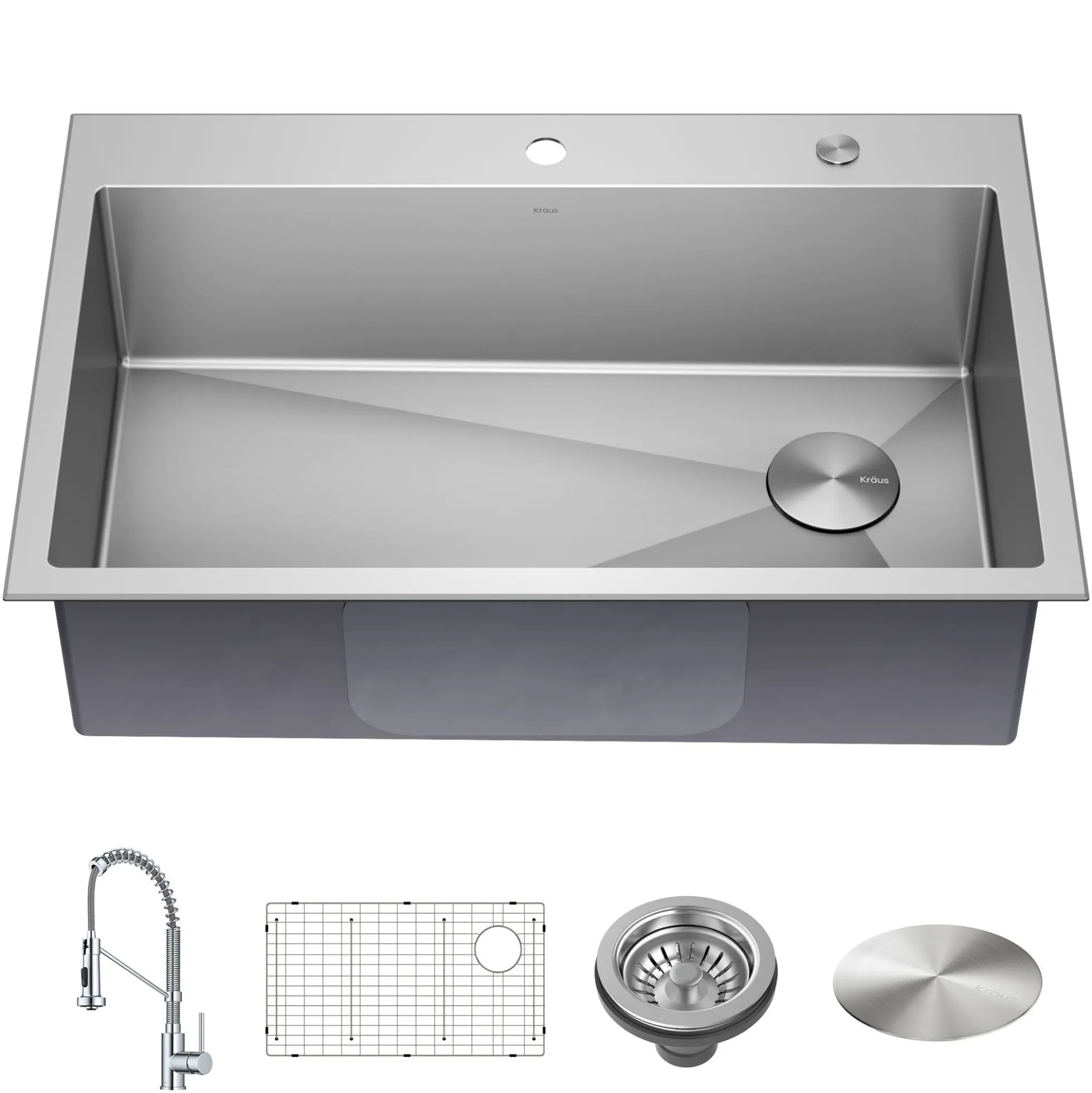 33" Drop-In/Top Mount Kitchen Sink w/ Bolden Commercial Pull-Down Faucet in Chrome
