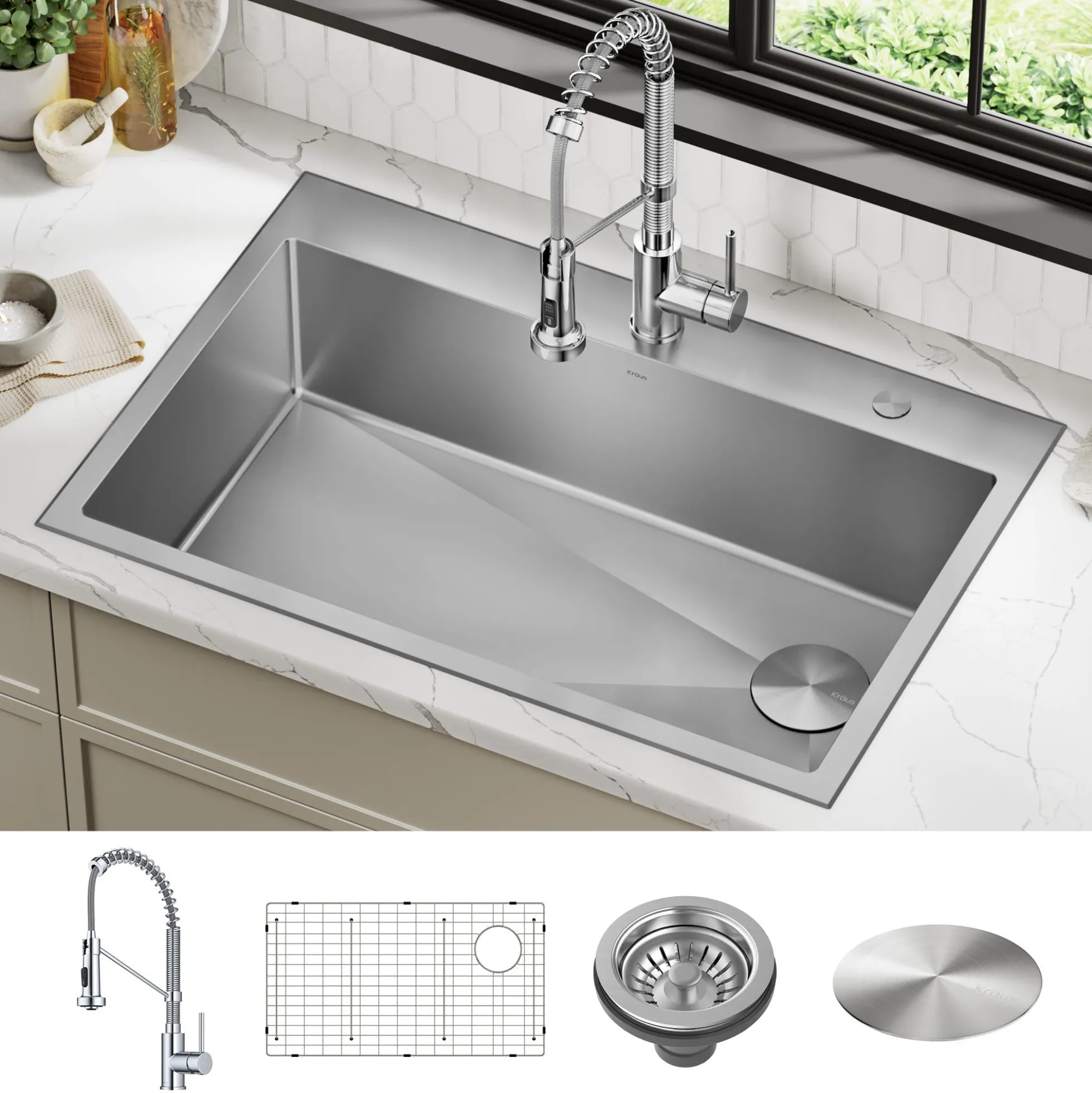 33" Drop-In/Top Mount Kitchen Sink w/ Bolden Commercial Pull-Down Faucet in Chrome