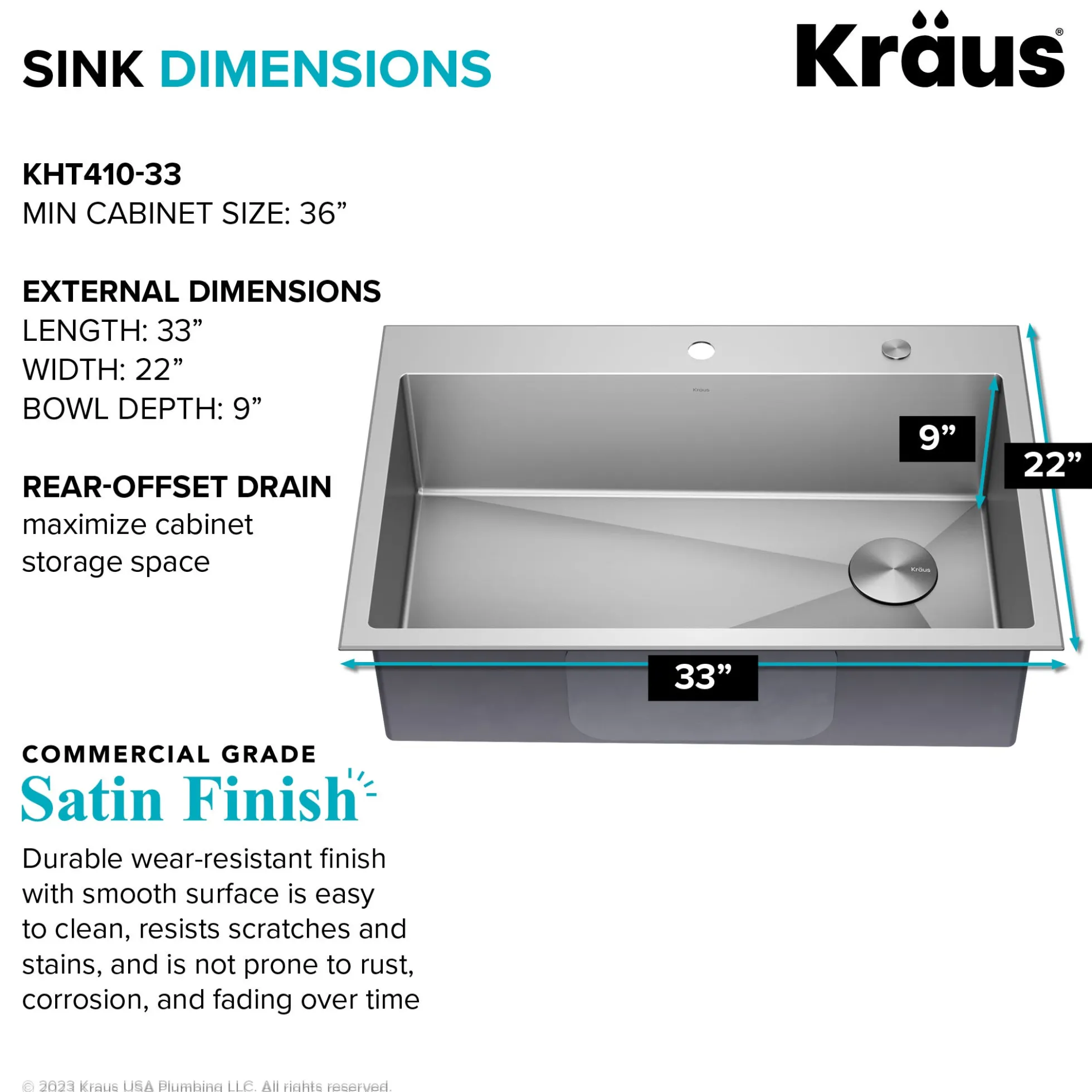 33" Drop-In/Top Mount Kitchen Sink w/ Bolden Commercial Pull-Down Faucet in Chrome