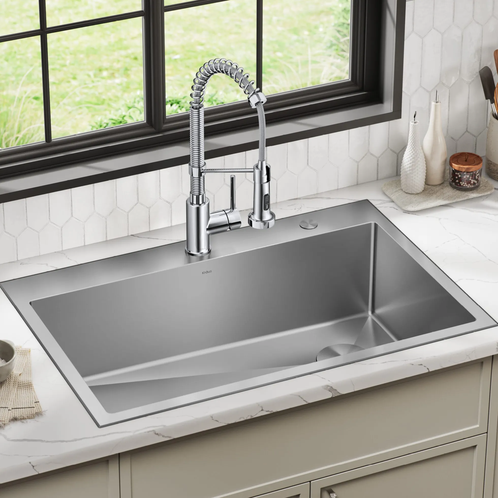 33" Drop-In/Top Mount Kitchen Sink w/ Bolden Commercial Pull-Down Faucet in Chrome