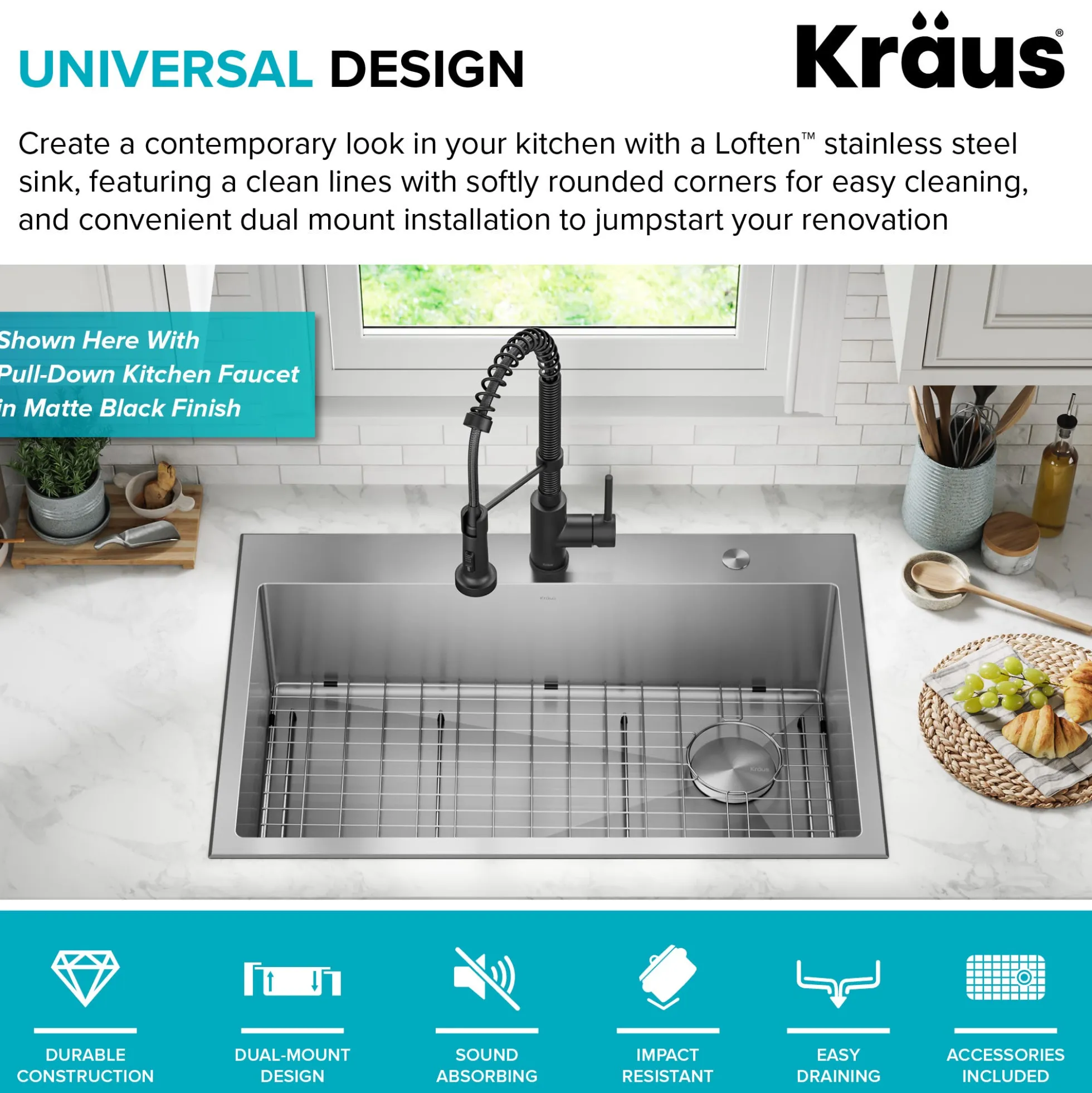 33" Drop-In/Top Mount Kitchen Sink w/ Bolden Commercial Pull-Down Faucet in Chrome