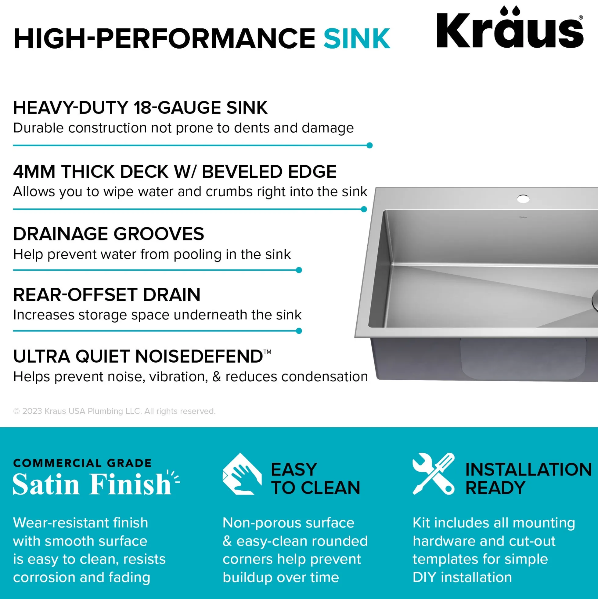 33" Drop-In/Top Mount Kitchen Sink w/ Bolden Commercial Pull-Down Faucet in Chrome