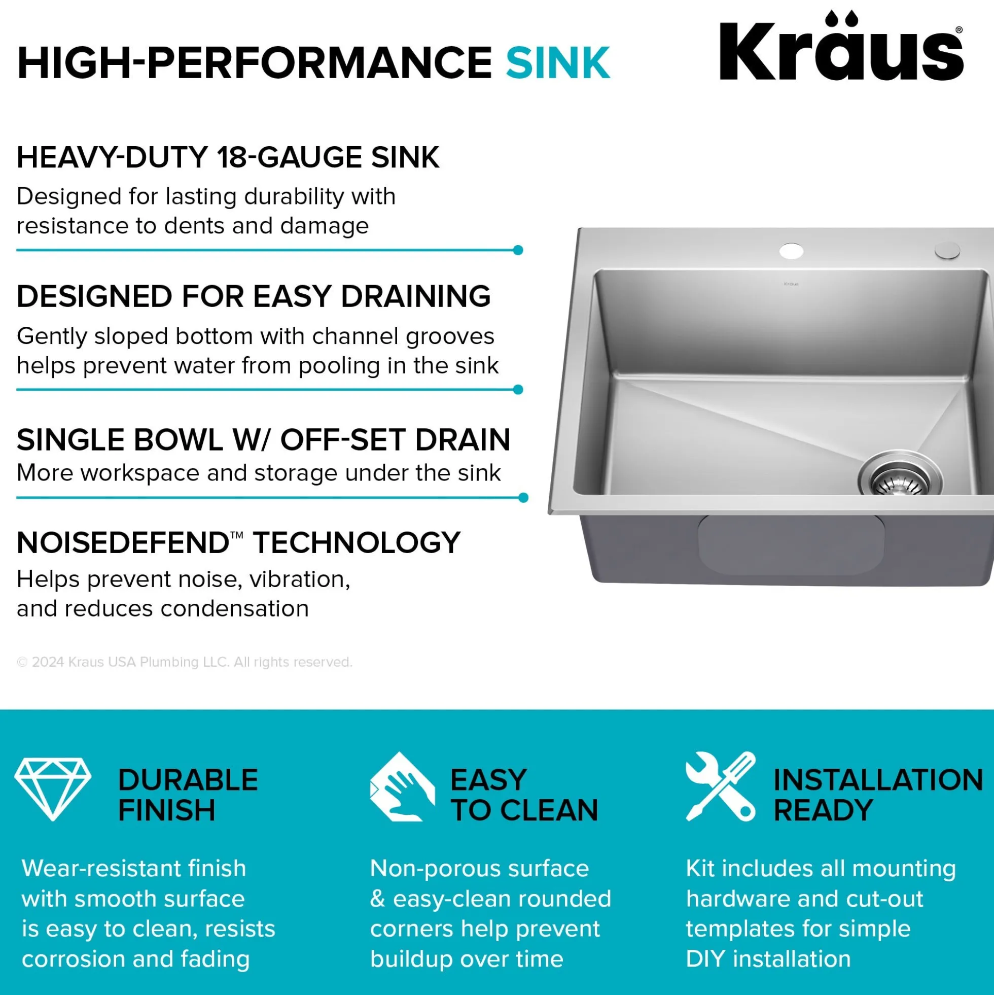 25” Drop In / Top Mount Single Bowl 18-Gauge Stainless Steel Kitchen Sink