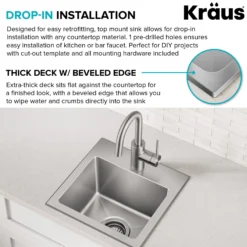 15” Drop In / Top Mount Single Bowl 18-Gauge Stainless Steel Kitchen Bar Sink
