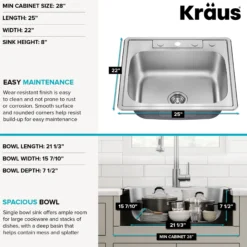 25” Drop In / Top Mount Single Bowl 18-Gauge Stainless Steel Kitchen Sink