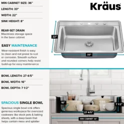 33” Drop In / Top Mount Single Bowl 18-Gauge Stainless Steel Kitchen Sink