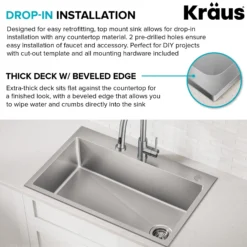 33” Drop In / Top Mount Single Bowl 18-Gauge Stainless Steel Kitchen Sink
