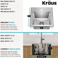 15”Drop In / Top Mount Workstation Single Bowl 18-GaugeStainless SteelBarKitchen Sinkwith Accessories