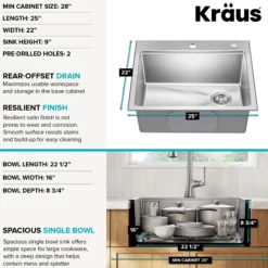 25”Drop In / Top Mount Workstation Single Bowl 18-GaugeStainless Steel Kitchen Sinkwith Accessories