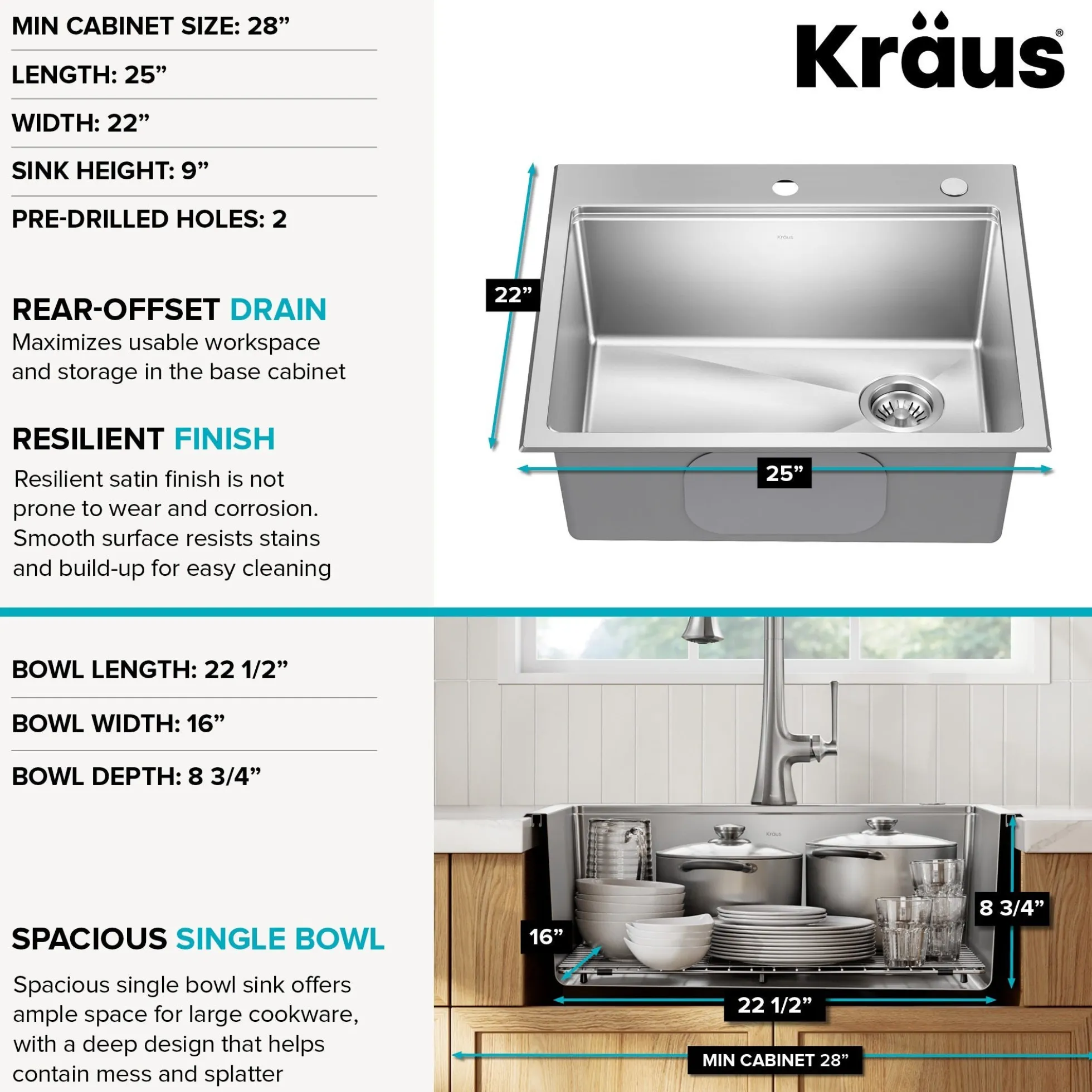 25”Drop In / Top Mount Workstation Single Bowl 18-GaugeStainless Steel Kitchen Sinkwith Accessories