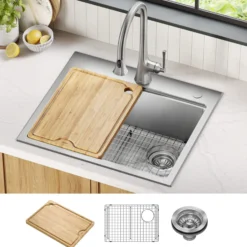25”Drop In / Top Mount Workstation Single Bowl 18-GaugeStainless Steel Kitchen Sinkwith Accessories