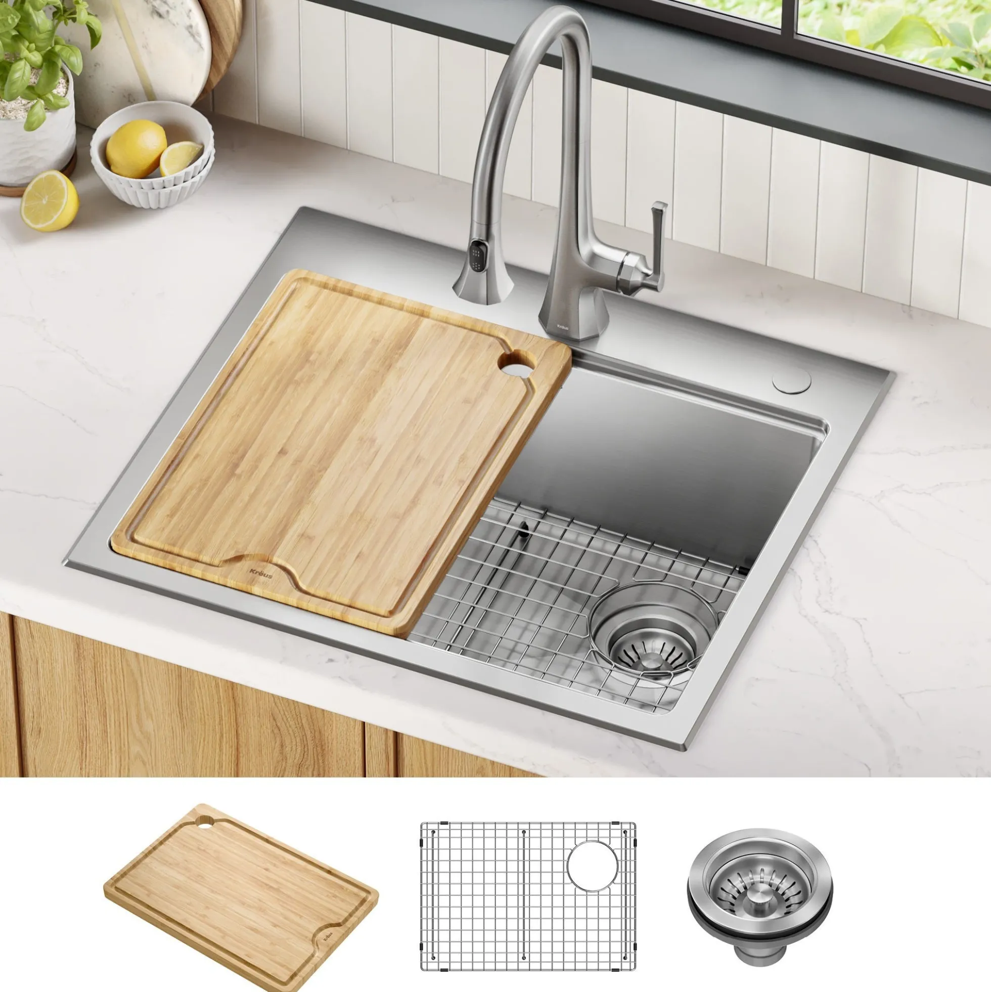 25”Drop In / Top Mount Workstation Single Bowl 18-GaugeStainless Steel Kitchen Sinkwith Accessories