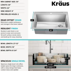 30”Drop In / Top Mount Workstation Single Bowl 18-GaugeStainless Steel Kitchen Sinkwith Accessories