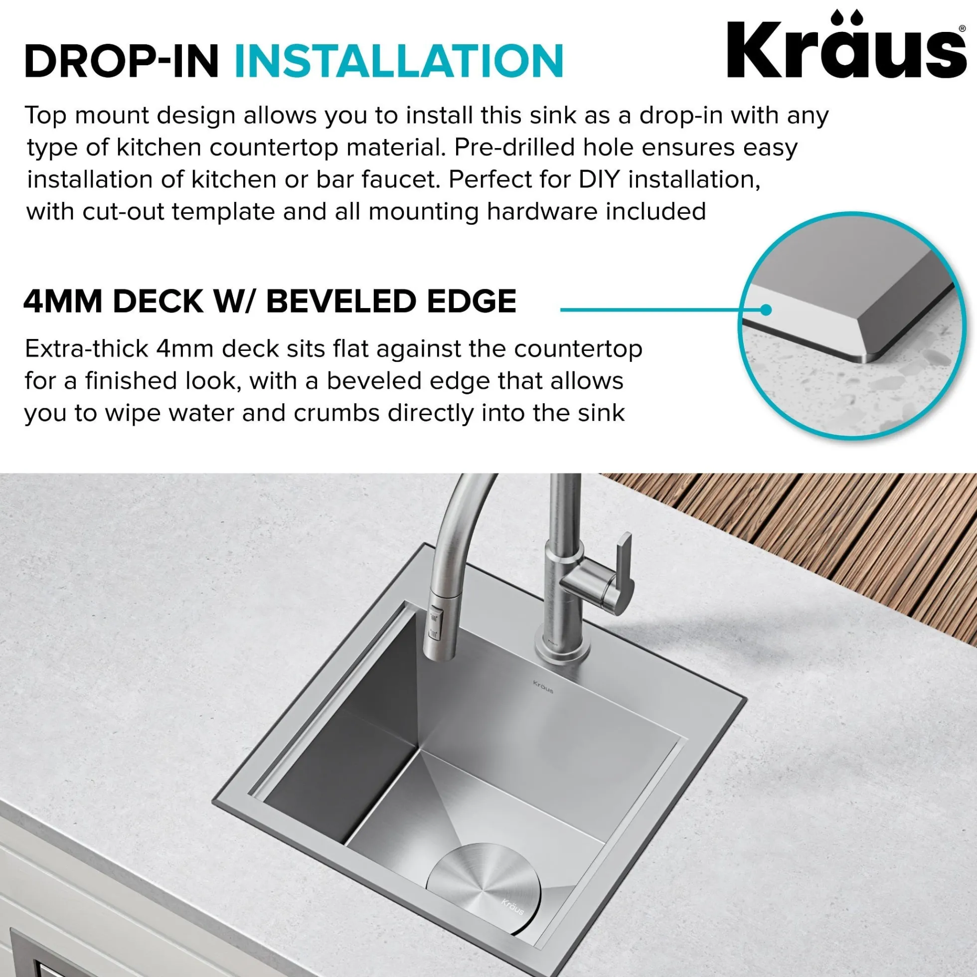 15" Drop In / Top Mount Workstation 16 Gauge Single Bowl Stainless Steel Bar Kitchen Sink with Accessories