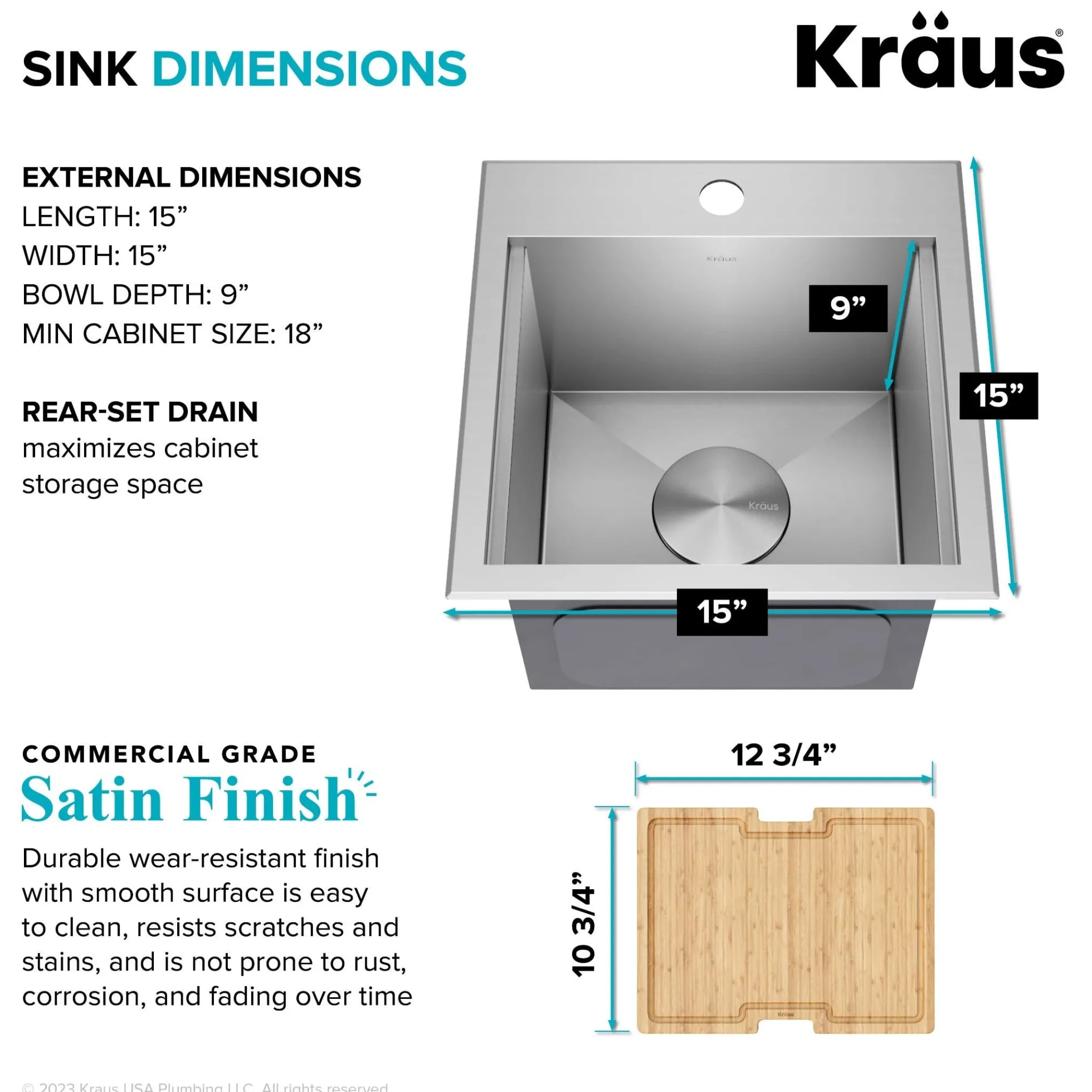 15" Drop In / Top Mount Workstation 16 Gauge Single Bowl Stainless Steel Bar Kitchen Sink with Accessories