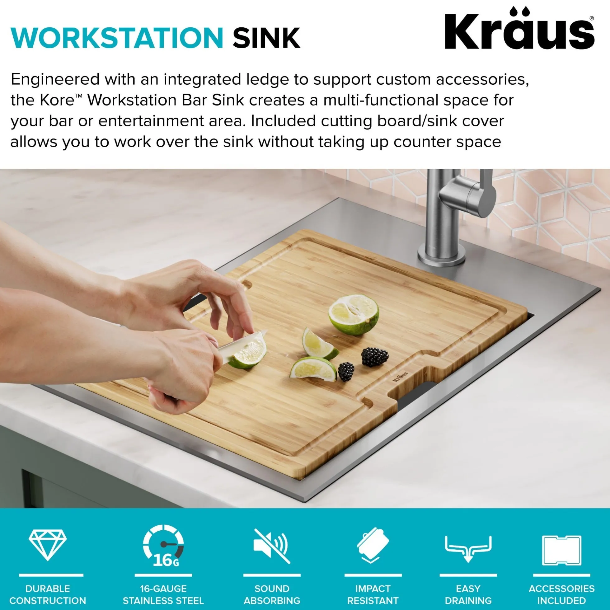 15" Drop In / Top Mount Workstation 16 Gauge Single Bowl Stainless Steel Bar Kitchen Sink with Accessories