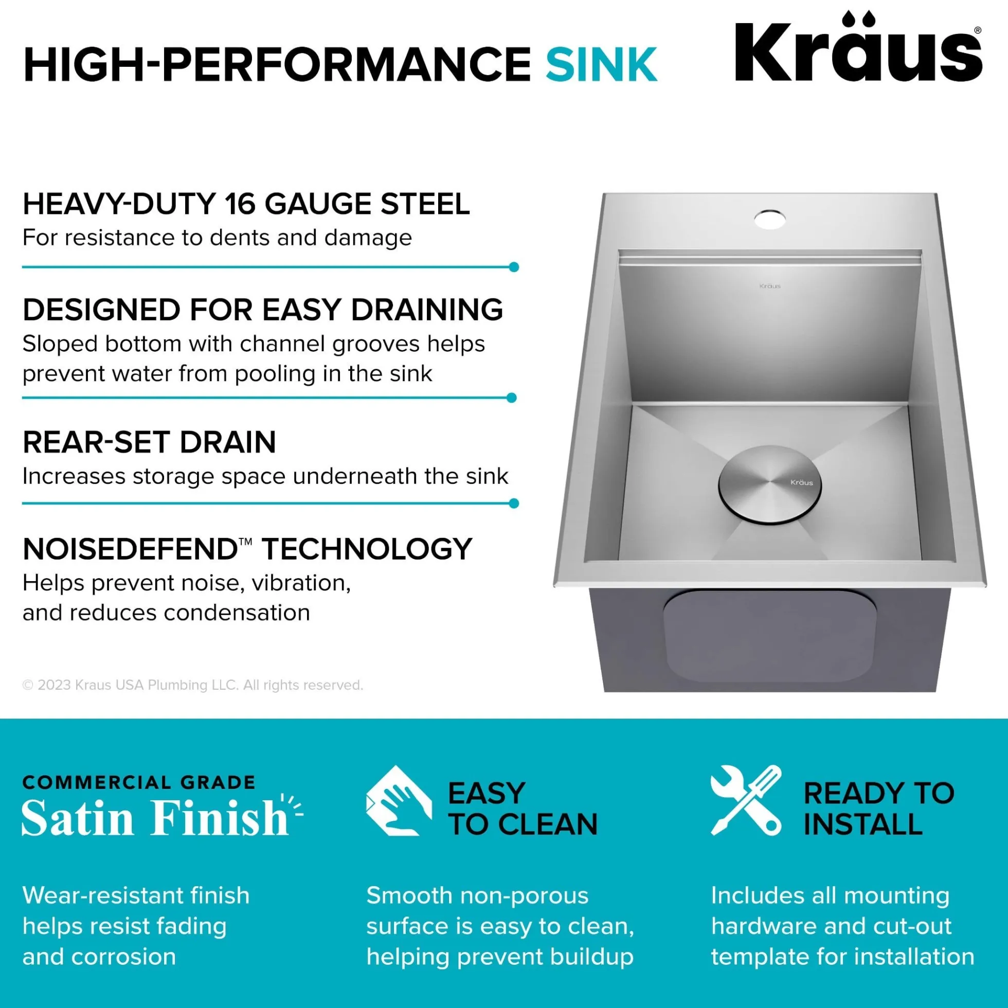 15" Drop In / Top Mount Workstation 16 Gauge Single Bowl Stainless Steel Bar Kitchen Sink with Accessories