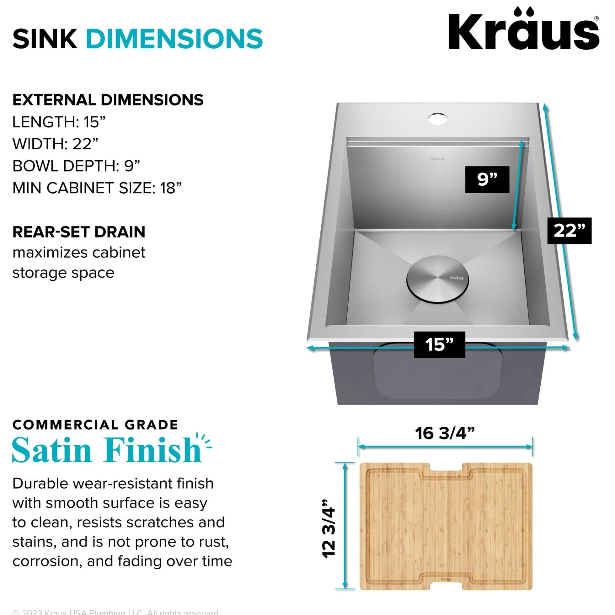 15" Drop In / Top Mount Workstation 16 Gauge Single Bowl Stainless Steel Bar Kitchen Sink with Accessories