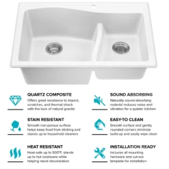 33” Drop-In / Undermount 60/40 Double Bowl Granite Kitchen Sink in White