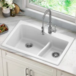 33” Drop-In / Undermount 60/40 Double Bowl Granite Kitchen Sink in White