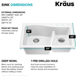 33” Drop-In / Undermount 60/40 Double Bowl Granite Kitchen Sink in White