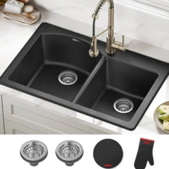 33” Drop In / Undermount 60/40 Double Bowl Granite Kitchen Sink in Black