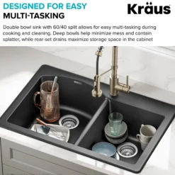33” Drop In / Undermount 60/40 Double Bowl Granite Kitchen Sink in Black