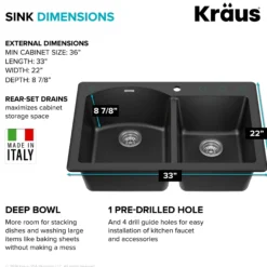 33” Drop In / Undermount 60/40 Double Bowl Granite Kitchen Sink in Black