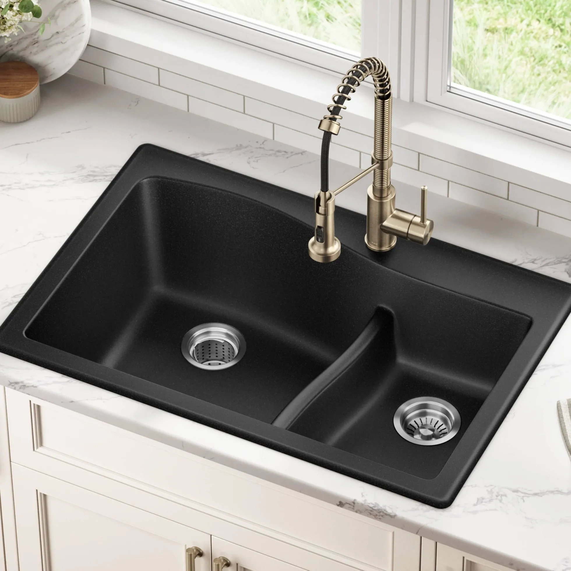 33” Drop-In / Undermount 60/40 Double Bowl Granite Kitchen Sink in Black