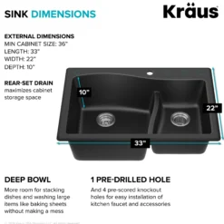 33” Drop-In / Undermount 60/40 Double Bowl Granite Kitchen Sink in Black