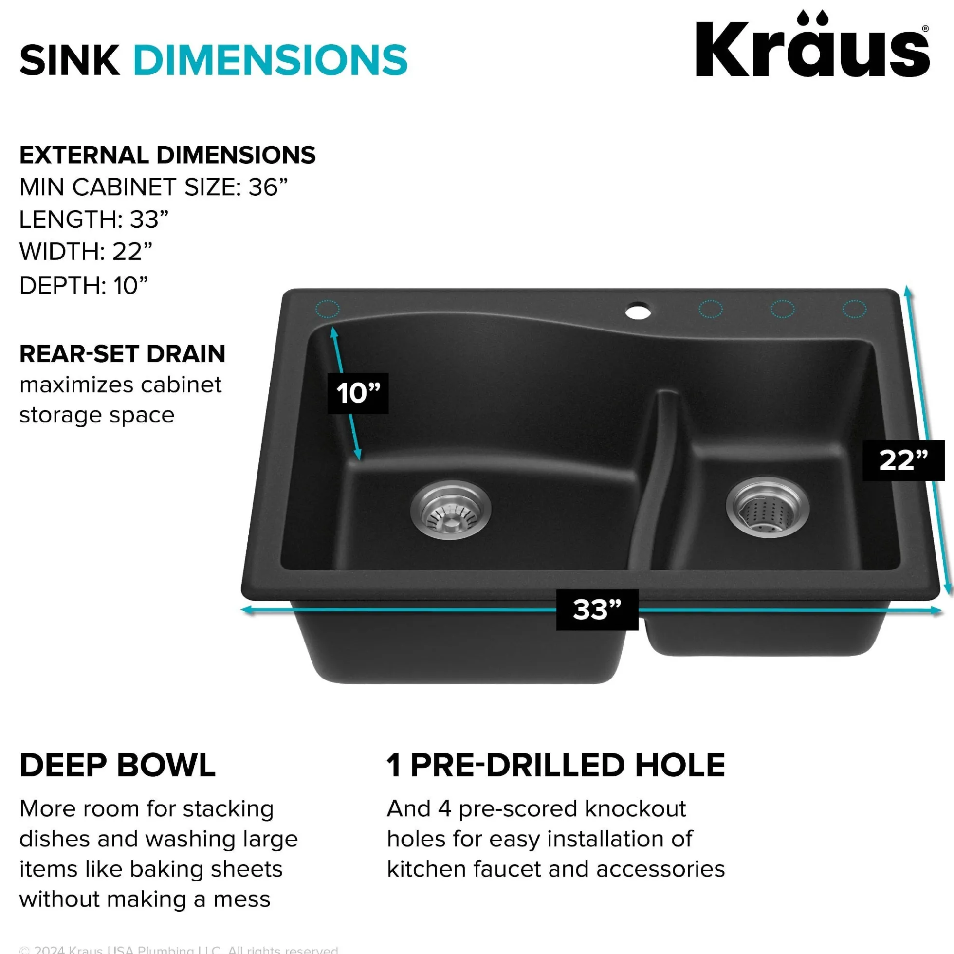33” Drop-In / Undermount 60/40 Double Bowl Granite Kitchen Sink in Black