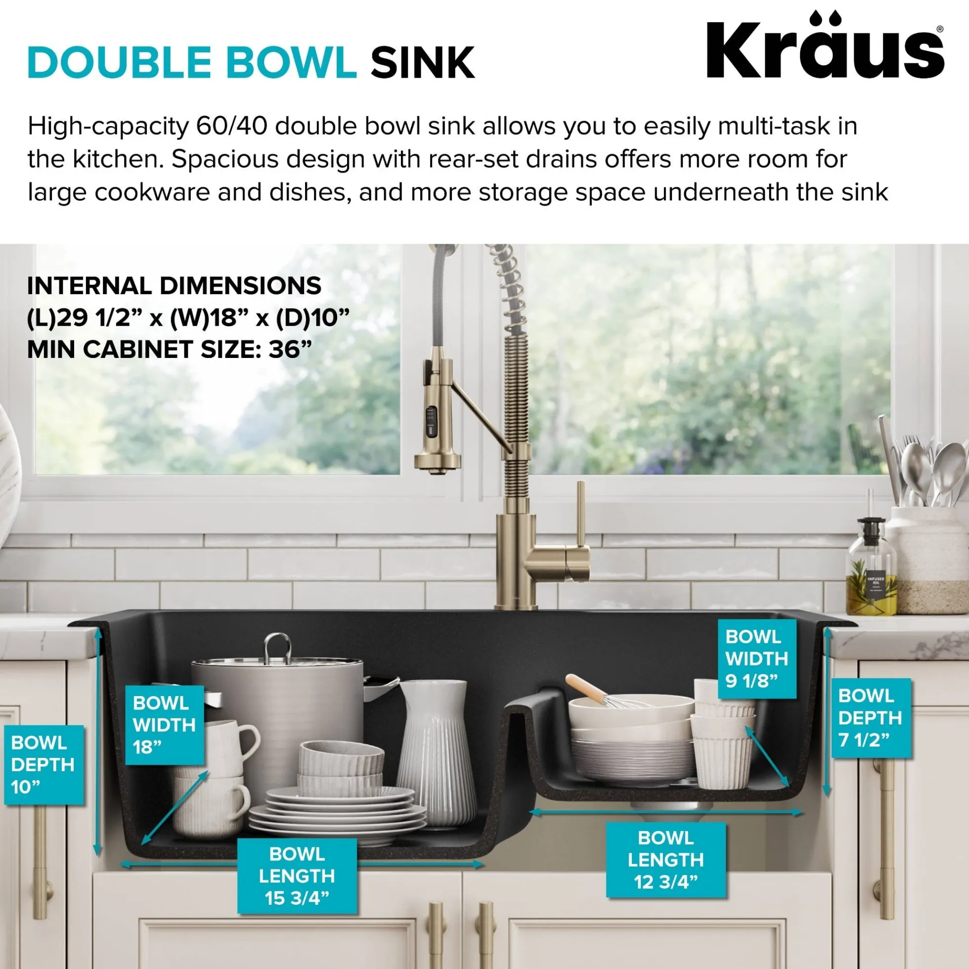 33” Drop-In / Undermount 60/40 Double Bowl Granite Kitchen Sink in Black