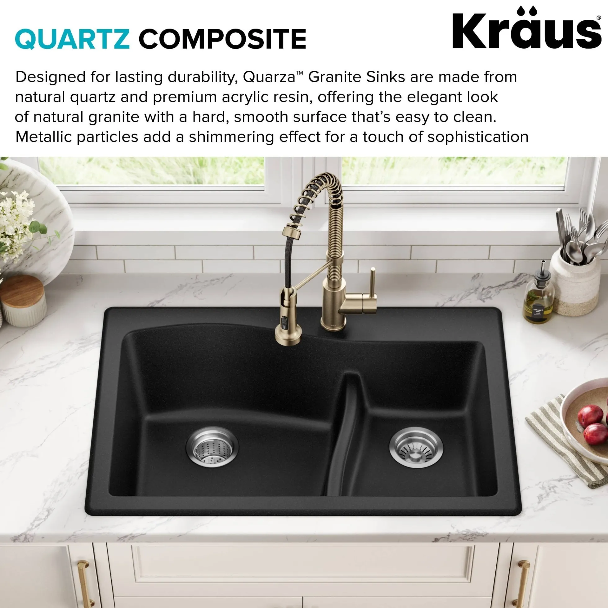 33” Drop-In / Undermount 60/40 Double Bowl Granite Kitchen Sink in Black