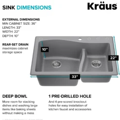 33” Drop-In / Undermount 60/40 Double Bowl Granite Kitchen Sink in Grey