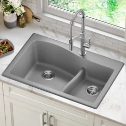 33” Drop-In / Undermount 60/40 Double Bowl Granite Kitchen Sink in Grey