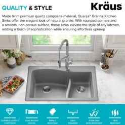 33” Drop-In / Undermount 60/40 Double Bowl Granite Kitchen Sink in Grey