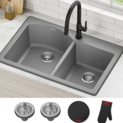 33” Drop In / Undermount 60/40 Double Bowl Granite Kitchen Sink in Grey