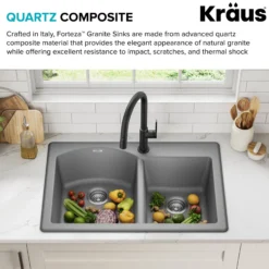 33” Drop In / Undermount 60/40 Double Bowl Granite Kitchen Sink in Grey