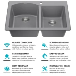 33” Drop In / Undermount 60/40 Double Bowl Granite Kitchen Sink in Grey